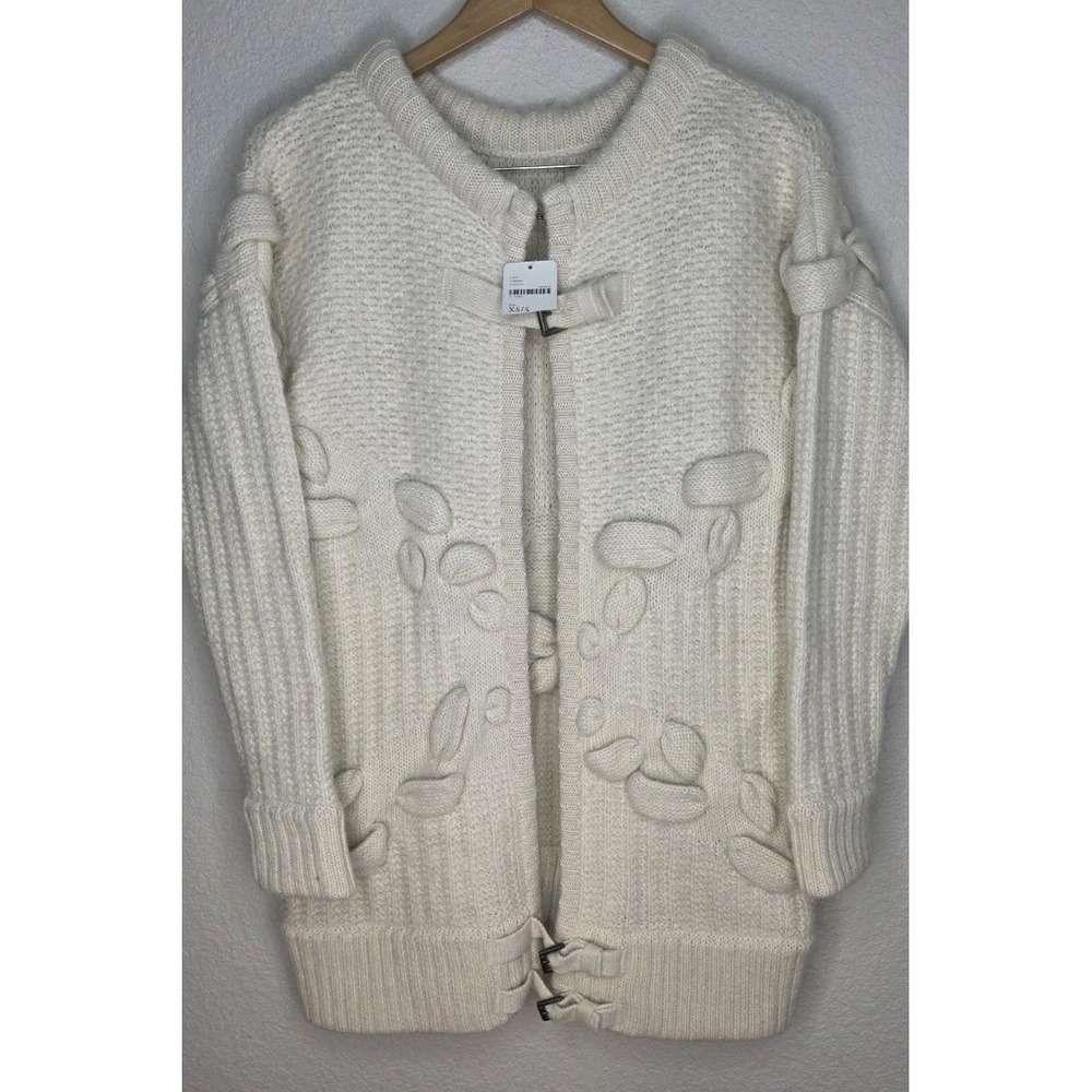 FREE PEOPLE Women S/XS Ivory Alpaca Knit SWEATER CARDIGAN Chunky Applique Boho